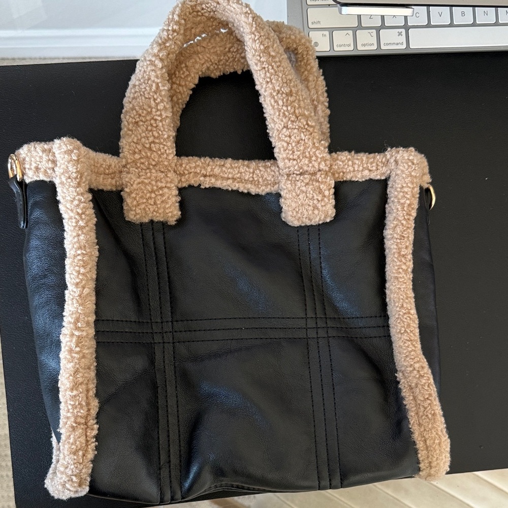 Aqua Black Faux Leather Tote with Beige Sherpa Trim